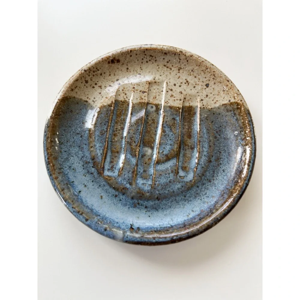 Handmade Stoneware Glazed Pottery Round Soap Dish Signed‎ Blue Cream 4.5